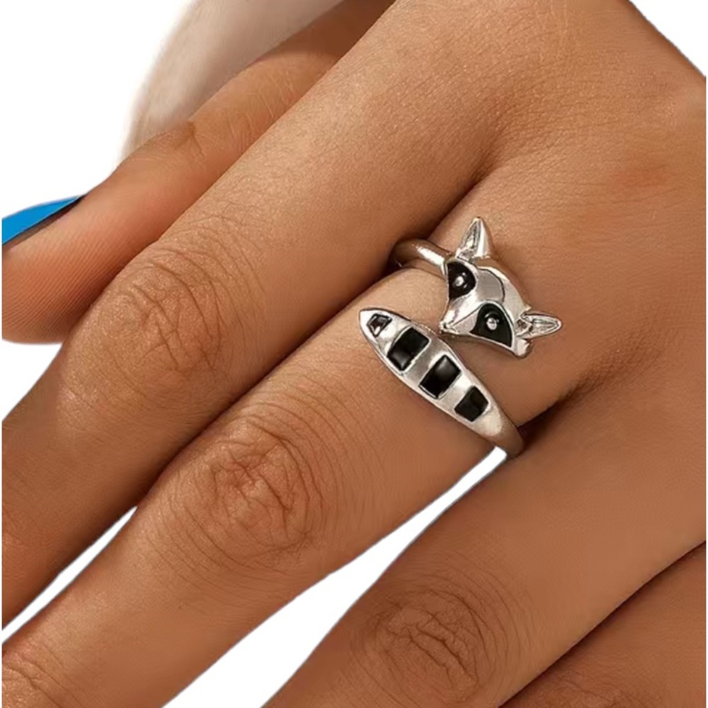 Silver and Black Raccoon Adjustable Wrap Ring